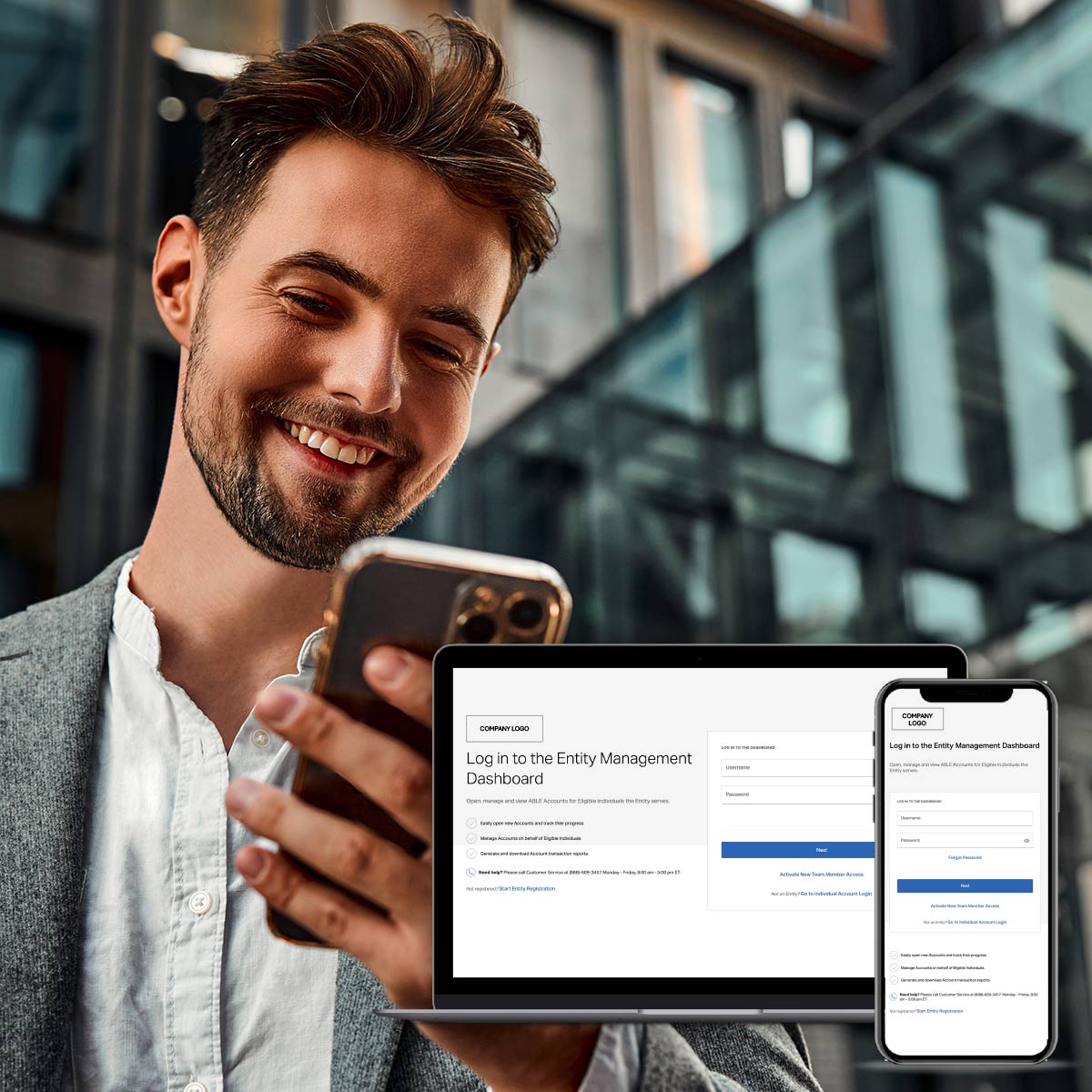 Man smiling at his phone, with an overlaid screenshot of the Entity Management Dashboard login screen shown on laptop and phone