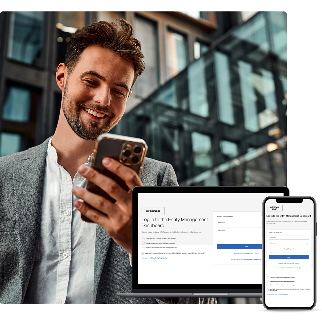 Man smiling at his phone, with an overlaid screenshot of the Entity Management Dashboard login screen shown on laptop and phone
