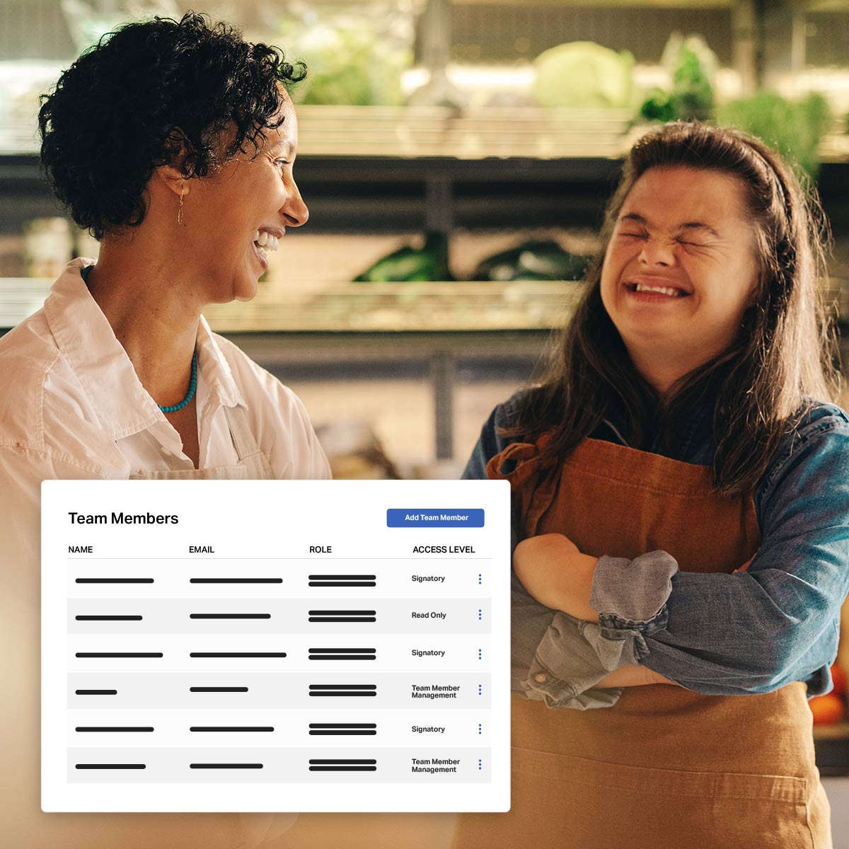 Two women laughing together in a shop, with an overlaid screenshot of a team members management table