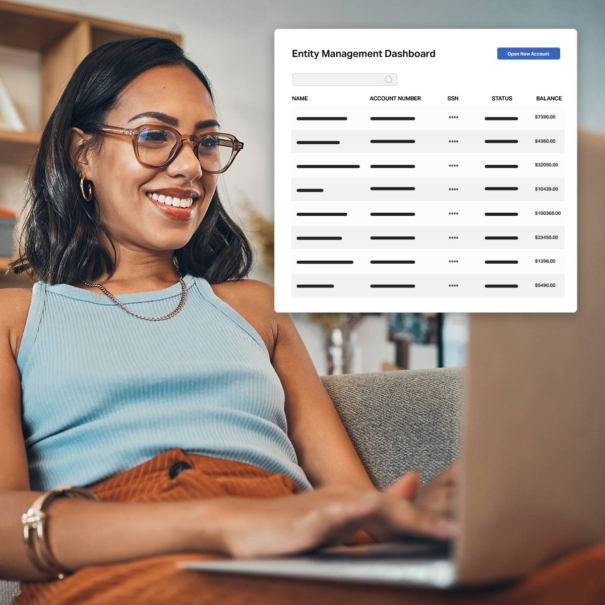 Woman using a laptop while smiling, with an overlaid screenshot of an Entity Management Dashboard listing accounts and balances