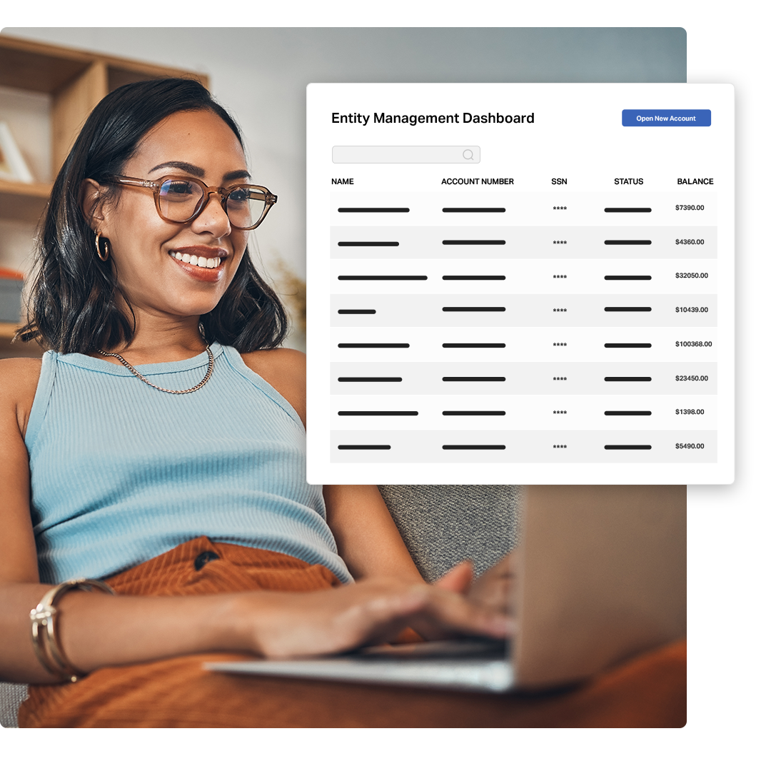 Woman using a laptop while smiling, with an overlaid screenshot of an Entity Management Dashboard listing accounts and balances