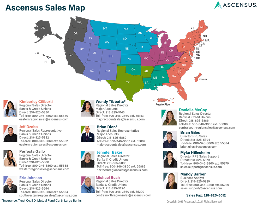 Map of the United States divided into Ascensus sales regions with regional sales director contact photos and details