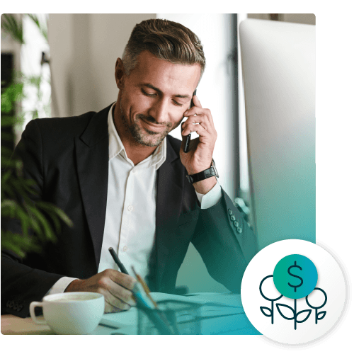 A man talking on the phone at his desk, with an icon of a dollar sign and a growing plant